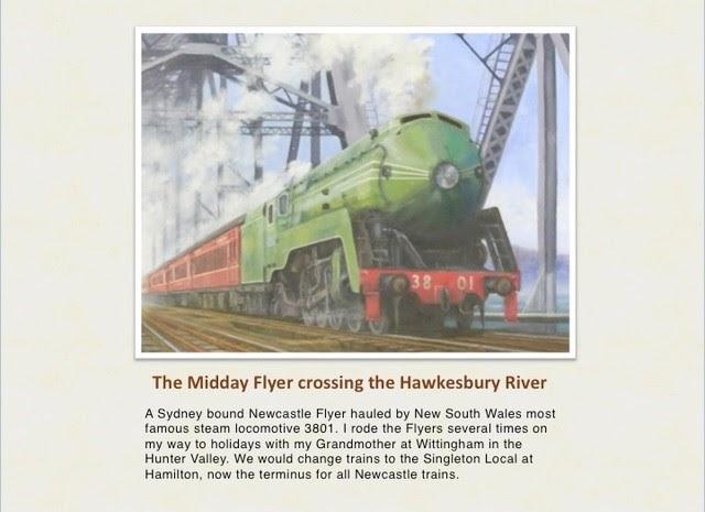 Painting by Tony Flood: The Midday Flyer crossing the Hawkesbury River.